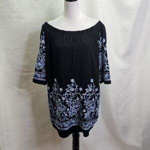 Allison Joy Black and Blue Floral Embroidered Off Shoulder Dress Size Medium